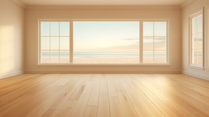 Fototapeta premium Empty apartment room with wooden floor of beach house. Sea view from windows. Copy space. Generative AI