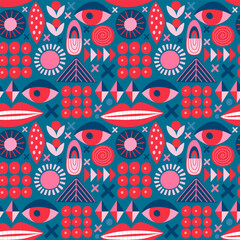 Seamless pattern with various geometric trendy shapes. Vector illustration, geometry graphics and abstract background. Pink and blue colors.
