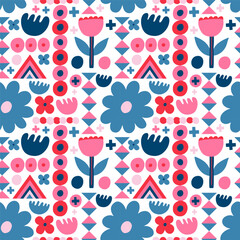 Seamless pattern with various geometric trendy shapes. Vector illustration, geometry graphics and abstract background. Pink and blue colors.
