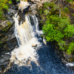Falls of Falloch from a drone, Waterfall on River Falloch, Crianlarich, Stirling, West Highland, Scotland, UK	