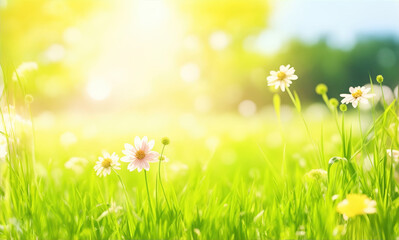spring meadow with flowers, bright bokeh background