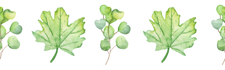 Seamless border green leaves trees and branches, foliage of natural branches, green leaves, herbs, tropical plants hand drawn watercolor on white background.