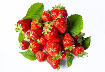 Fresh strawberries and green leaves on white backgroud, top view, flat lay