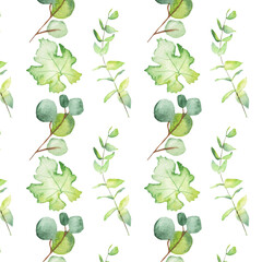 Seamless pattern green leaves trees and branches, foliage of natural branches, green leaves, herbs, tropical plants hand drawn watercolor on white background.