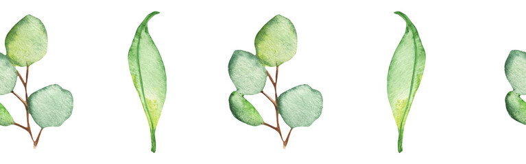 Seamless border green leaves trees and branches, foliage of natural branches, green leaves, herbs, tropical plants hand drawn watercolor on white background.