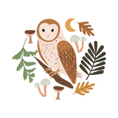 Vector illustration with an owl, mushrooms and yellow leaves. Beautiful autumn print with birds.