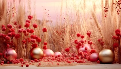 Christmas, winter, table  decoration in light red, pink and gold light. Dry grass with golden and light red baubles. Season celebration of nature and man-mande balls for a festive celebration..