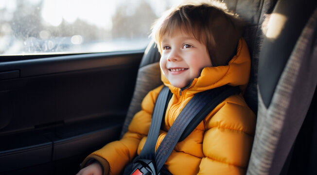 Boy in a car wearing seatbelt in winter