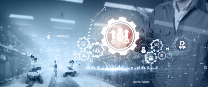 Using automation process to increase productivity. Industrial management in efficiency and efficient process with robotic process automation (RPA). 3D rendering AI robot in factory automation.