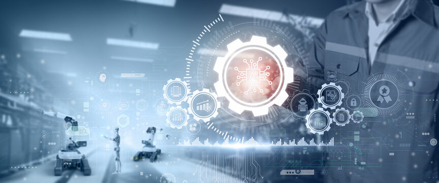 Artificial Intelligence (AI) in industry concept. AI technology adoption. Digital and technology transformation in business and industry. 3D rendering AI robot in factory automation background.