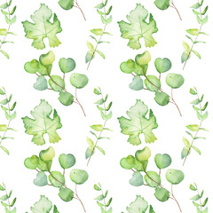 Seamless pattern green leaves trees and branches, foliage of natural branches, green leaves, herbs, tropical plants hand drawn watercolor on white background.