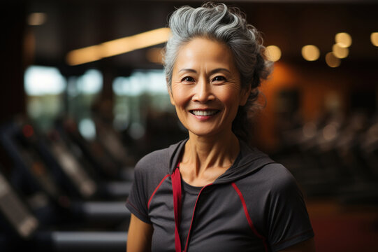 Senuior asian woman working out on gym, looking at camera, selective focus. She is smilling. Modern Gym in background. Fictional person. Generated Ai
