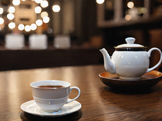 Realistic tea cozy detailed warm neutral restaurant