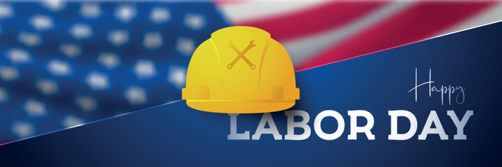 Happy Labor Day template. Sale promotion advertising banner with yellow helmet and blurred US flag for Labor Day.