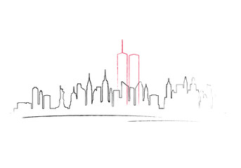 Patriot day in USA. One line drawing New York Skyline. Patriot day banner with Twin Towers in NYC.