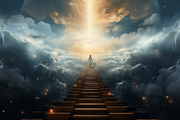 Ascending to Infinity: A Journey up the Stairs to Heaven - obrazy, fototapety, plakaty