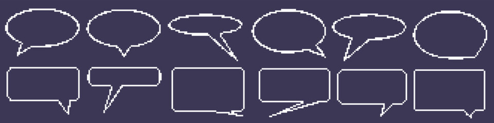 Pixel dialogue box set in dark background. Speech pixel bubble for chat and game. Cloud talk for retro game. Vector illustration