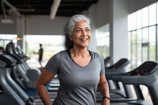 The joy of living. Portrait of an elderly smiling woman at the gym. Fictional Person. Ai generated
