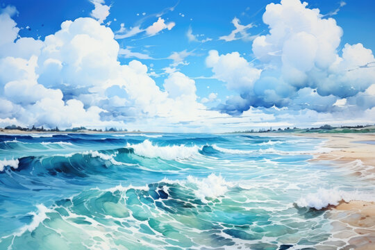 Sea Summer Watercolor Landscapes Texture. Ocean Beach Waves, Artistic Painting Background, Blue Sky and Cliffs, Sand and Sea Foam. Generative AI.