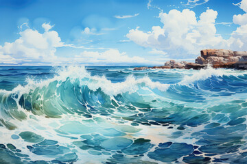 Sea Summer Watercolor Landscapes Texture. Ocean Beach Waves, Artistic Painting Background, Blue Sky and Cliffs, Sand and Sea Foam. Generative AI.