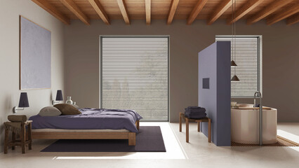 Spa, hotel suite. Bedroom and bathroom in white and purple tones. Wooden ceiling, double bed and freestanding bathtub. Resin floor, japandi interior design