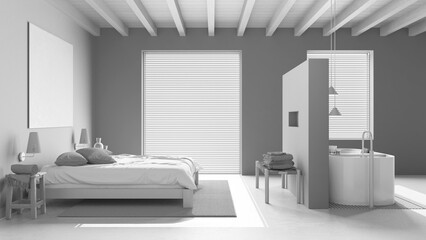 Total white project draft, spa, hotel suite. Bedroom and bathroom. Wooden ceiling, double bed and freestanding bathtub. Resin floor, japandi interior design