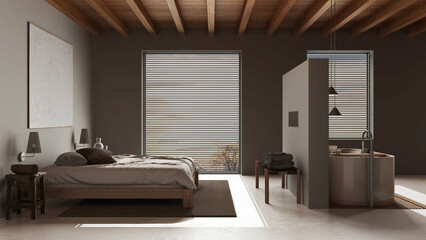 Dark late evening scene, spa, hotel suite. Bedroom and bathroom. Wooden ceiling, double bed and freestanding bathtub. Resin floor, japandi interior design