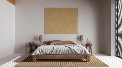 Minimalist wooden bedroom in white and yellow tones. Resin floor, double bed with duvet and pillows, side tables and decors. Japandi interior design