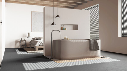 Bleached wooden bedroom and bathroom in white and beige tones with resin floor. Double bed, windows and freestanding bathtub. Minimalist interior design