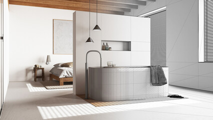 Architect interior designer concept: hand-drawn draft unfinished project that becomes real, wooden bedroom and bathroom with resin floor. Bed and bathtub. Minimalist style