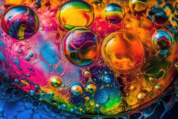 Colorful water drops in ink background. Iridescent colors bubbles. 