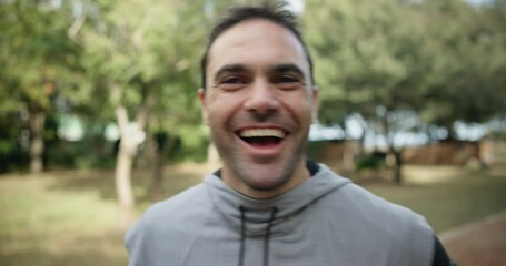 Hands, fitness and face of a man in a park for greeting, help and hello while running. Happy, speaking and athlete with support for a person, handshake or conversation during a workout in nature