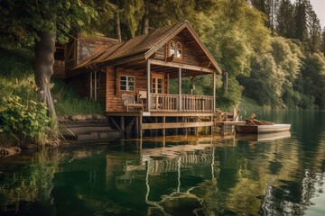 House on the river, countryside. Lush green nature. Relaxation and vacation concept. 