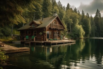 Fototapeta na wymiar House on the lake. Lush green nature. Relaxation and vacation concept. 