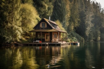 Fototapeta na wymiar Cottage on the lake. Lush green nature. Relaxation and vacation concept. 