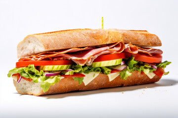 Sandwich with ham, cheese,tomatoes, lettuce, cucumbers and onions on white background