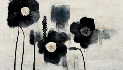 Image of Generative AI, Black watercolor abstract painted flowers on vintage background. Ink black street graffiti art on a textured paper, washes and brush strokes.. printed on Printed Glass Placemats