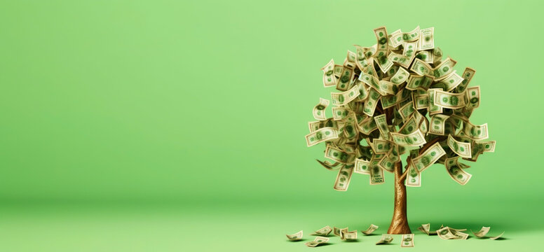 Money tree on light green background. Leaves as dollar bills. Investment concept. Generative AI