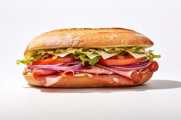 Sandwich with ham, cheese,tomatoes, lettuce, cucumbers and onions on white background
