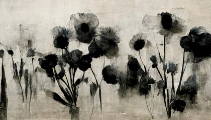 Wandaufkleber Generative AI, Black watercolor abstract painted flowers on vintage background. Ink black street graffiti art on a textured paper, washes and brush strokes.. © DELstudio