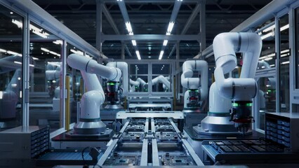 Automated PCB Assembly Line. Conveyor with Advanced High Precision Robot Arms at Electronics Manufacturing Factory. Component Installation on Circuit Board. Semiconductor Production Industry - Powered by Adobe