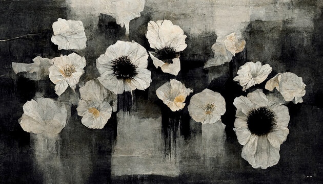 Generative AI, Black watercolor abstract painted flowers on vintage background. Ink black street graffiti art on a textured paper, washes and brush strokes..