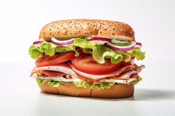 Sandwich with ham, cheese,tomatoes, lettuce, cucumbers and onions on white background