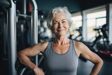 Obraz premium The joy of living. Portrait of an elderly smiling woman at the gym. Fictional Person. Ai generated