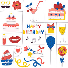 Square greeting card for Birthday event. Template for social media. Bright symbol of Birthday party. Vector poster with hand drawn cake, balloon, wine glass. Flat cartoon illustration on white