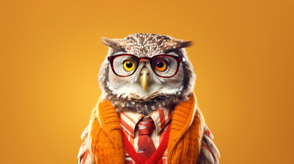 Funny owl wearing glasses tie and sweater on orange background. Anthropomorphic wild bird school teacher character - obrazy, fototapety, plakaty