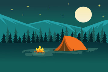 Night camp in forest with tent and bonfire. Mountains and full moon in background. Vector illustration.