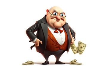 Old scrooge man in business suit standing with money. Funny greedy avid stingy senior cartoon character - obrazy, fototapety, plakaty