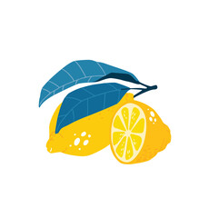 Vector hand drawn vector illustration of a lemon and a cut lemon, lemon branches and flowers.