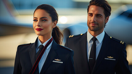 Fototapeta premium Pilot and Stewardess Walking to the Plane at the Airport